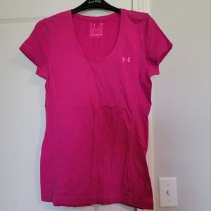 Under Armour, pink, semi fitted, size small, heat gear short sleeve top